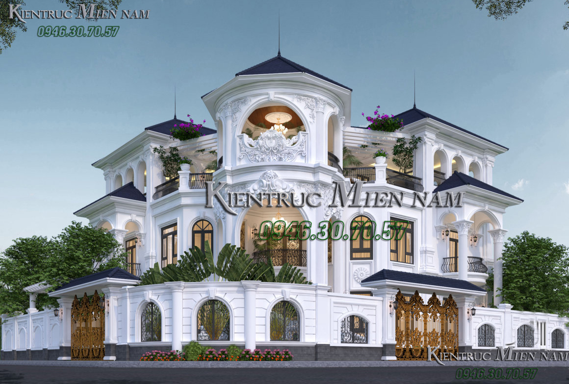 Biệt thự 3 tầng 5 phòng ngủ với kiểu kiến trúc tân cổ điển hai mặt tiền.