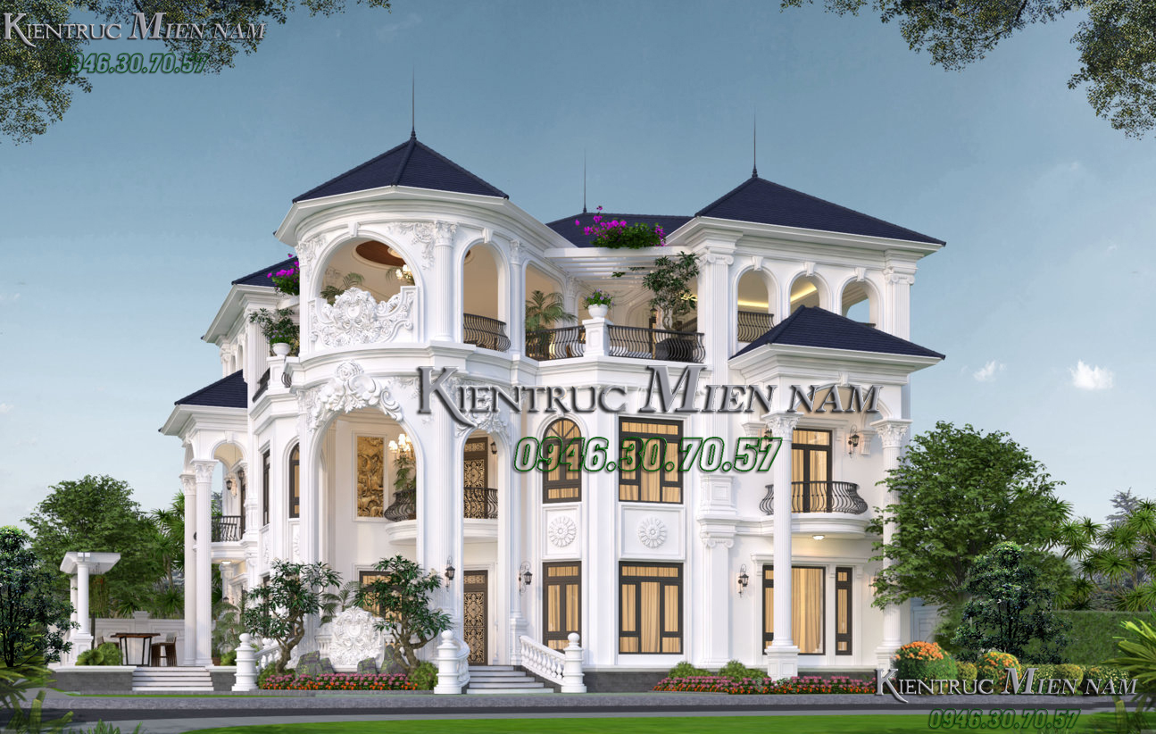 Biệt thự 3 tầng 5 phòng ngủ với kiểu kiến trúc tân cổ điển hai mặt tiền.