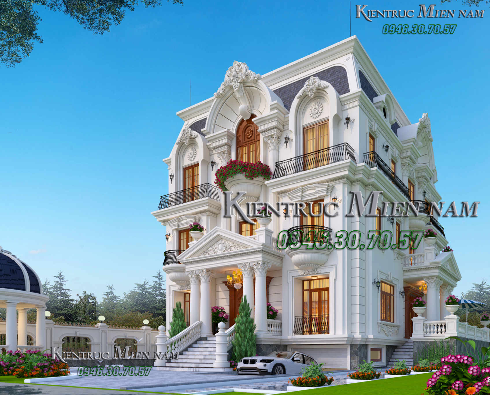 Thiết kế biệt thự phố 3 tầng tân cổ điển có tầng Hầm