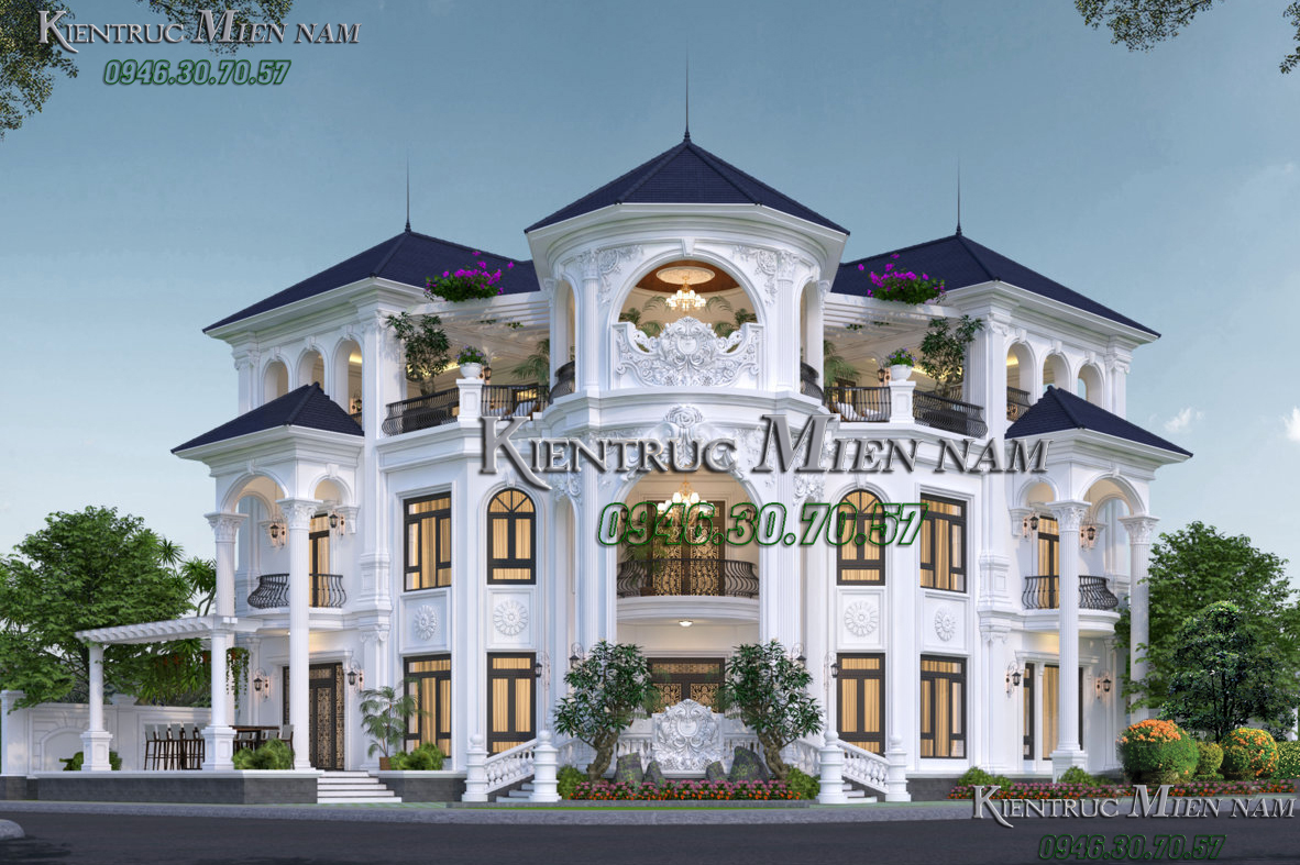 Biệt thự 3 tầng 5 phòng ngủ với kiểu kiến trúc tân cổ điển hai mặt tiền.