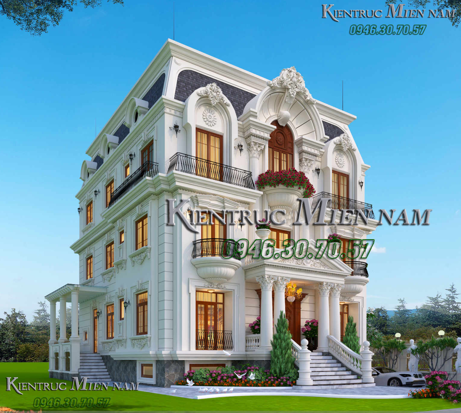 Thiết kế biệt thự phố 3 tầng tân cổ điển có tầng Hầm