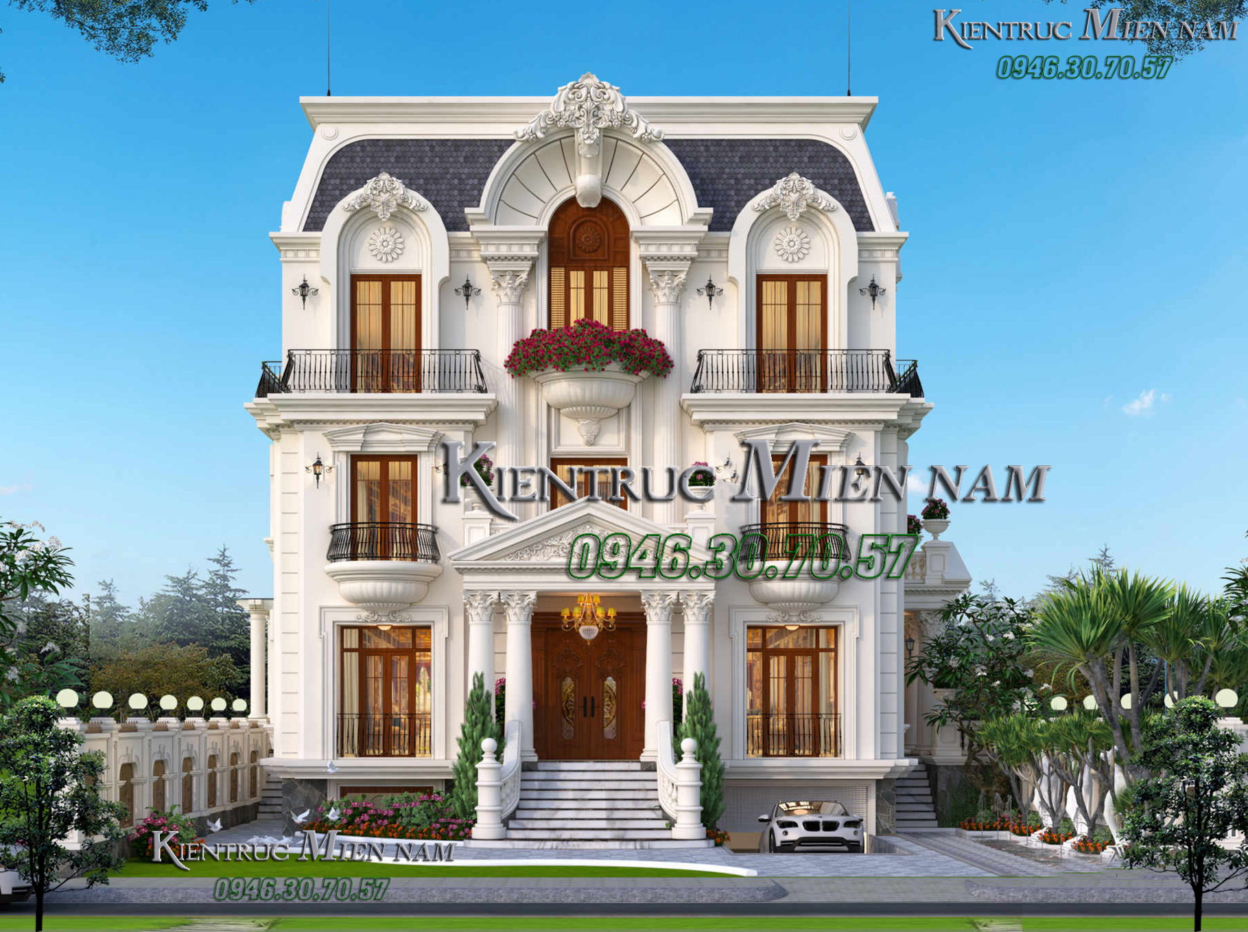 Thiết kế biệt thự phố 3 tầng tân cổ điển có tầng Hầm