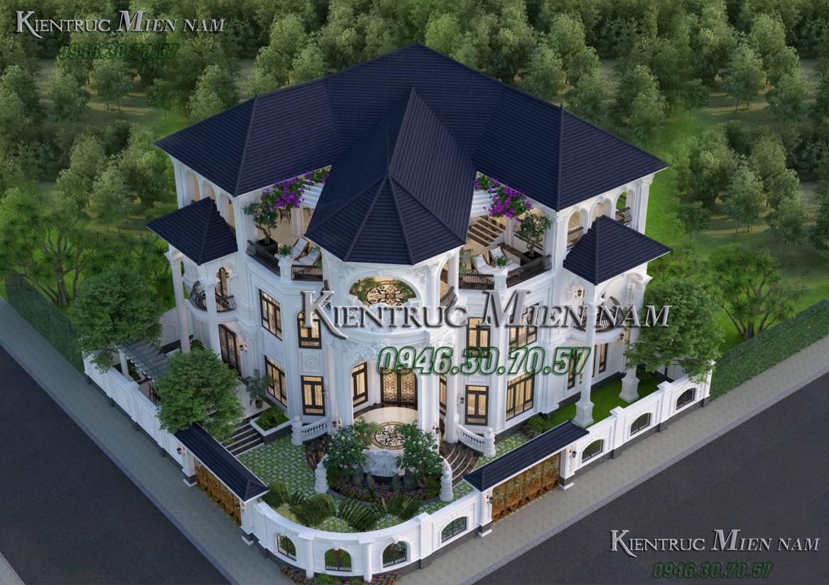 Biệt thự 3 tầng 5 phòng ngủ với kiểu kiến trúc tân cổ điển hai mặt tiền.