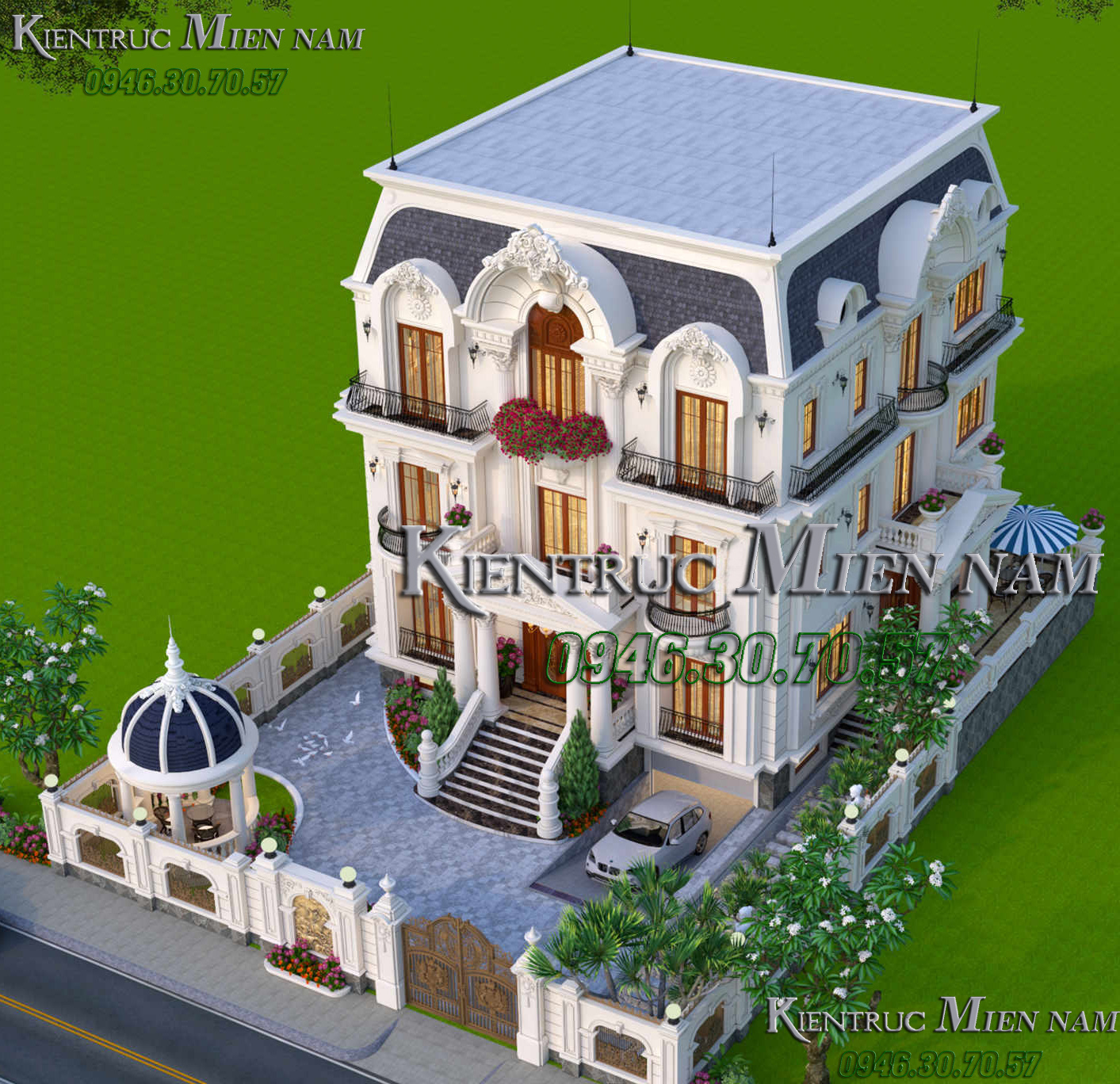 Thiết kế biệt thự phố 3 tầng tân cổ điển có tầng Hầm